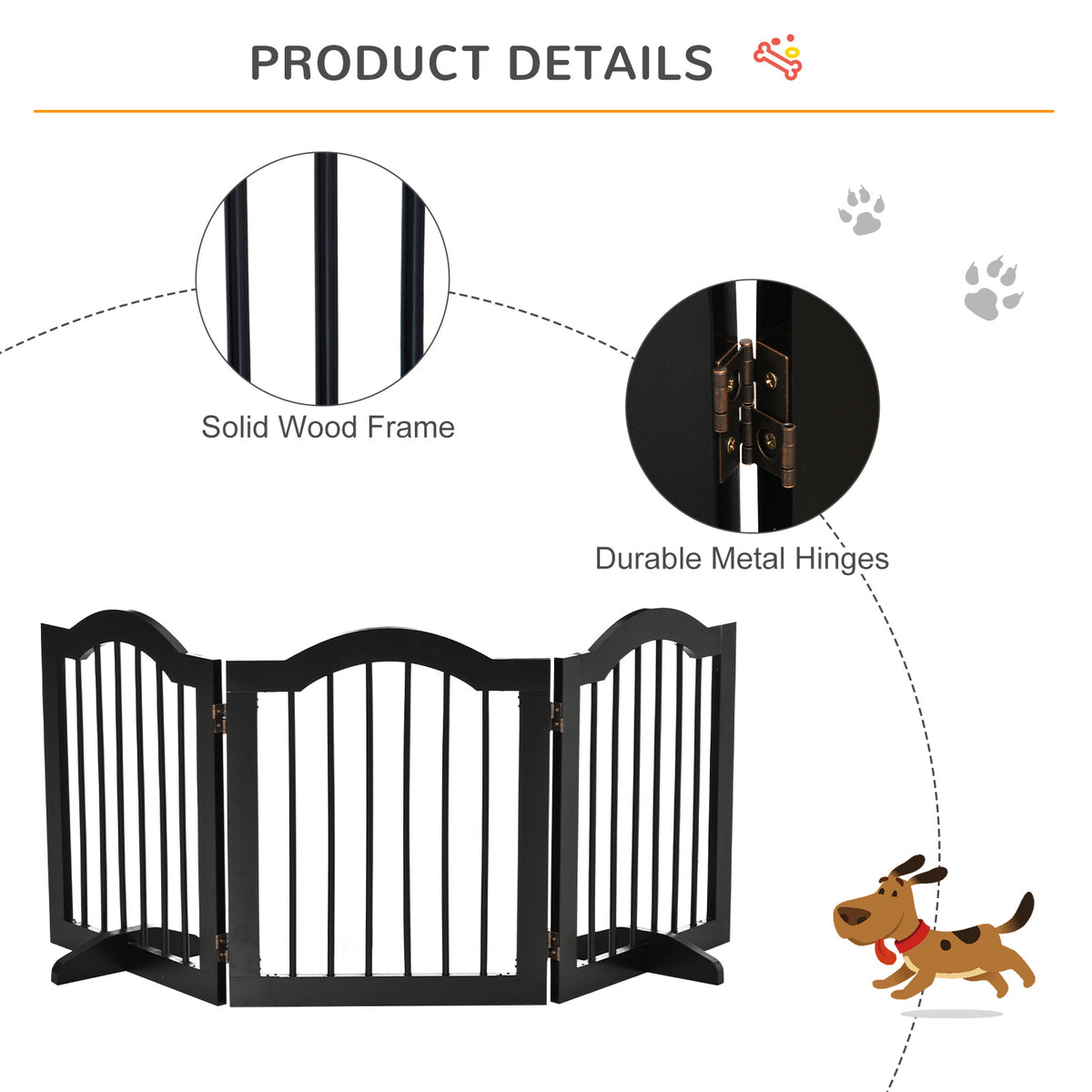 PawHut Freestanding Dog Gate Wooden Stair Gate for Dogs with Support Feet Foldable Pet Fence Safety Barrier for the House Doorway Stairs Black