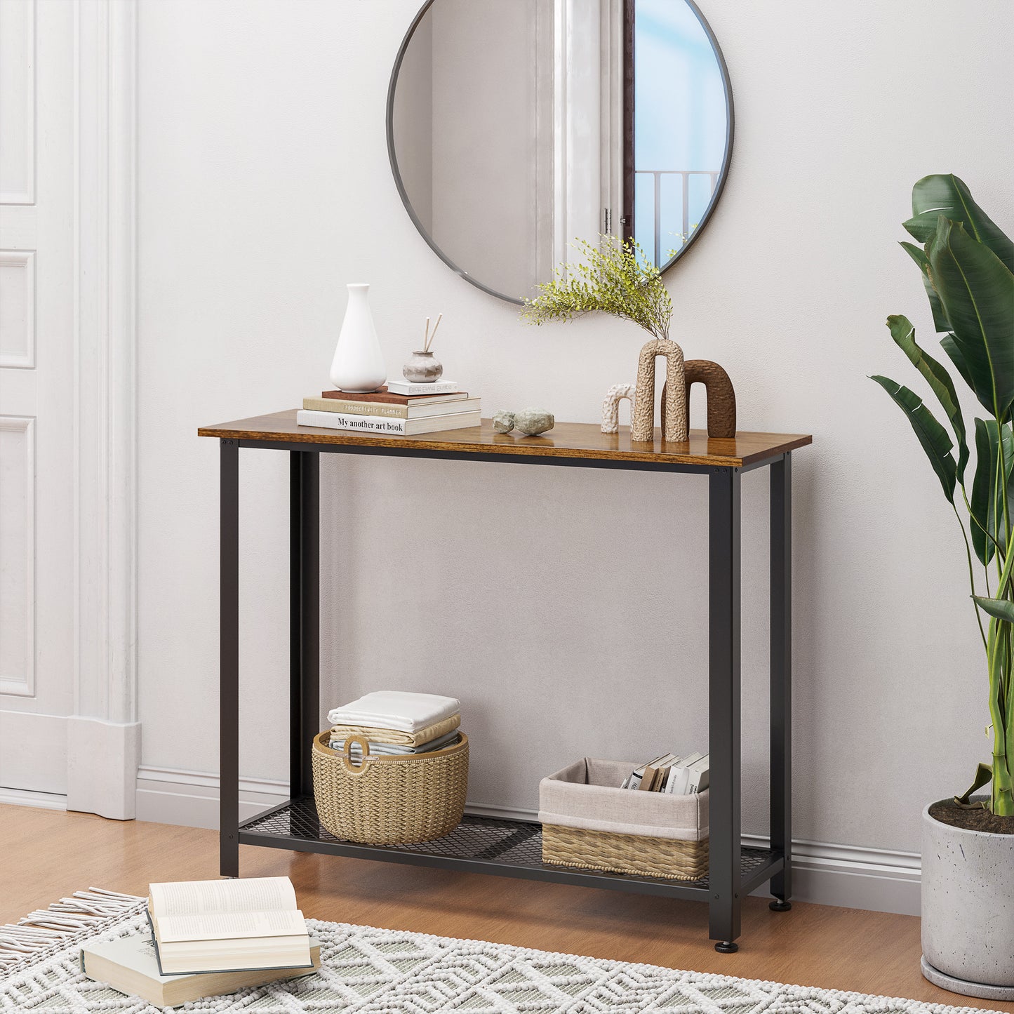 HOMCOM Industrial Console Table，Entryway Table w/Bottom Mesh Shelf Metal Frame Vintage Sofa Table for Hallway, Living Room, Rustic Brown