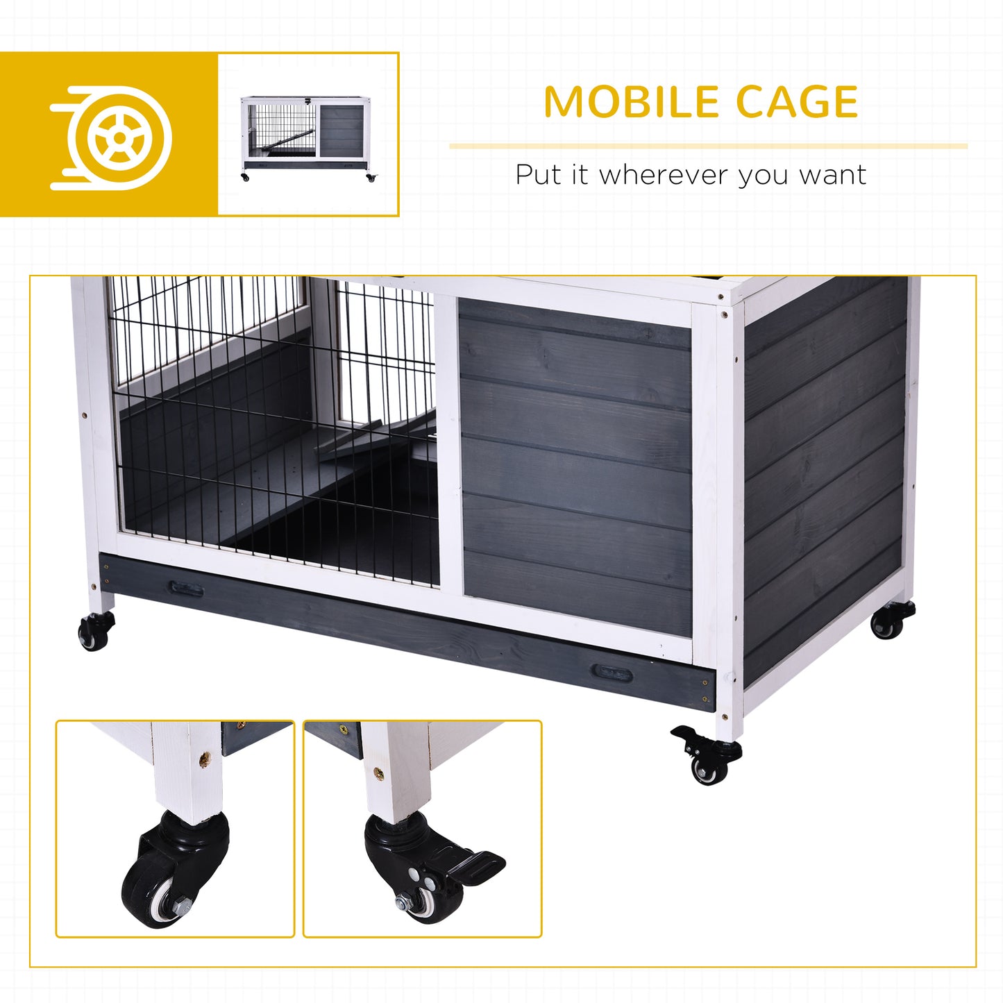 PawHut Wooden Guinea Pig Hutch, 2-Floor Bunny Cage w/ Enclosed Run Area, Grey