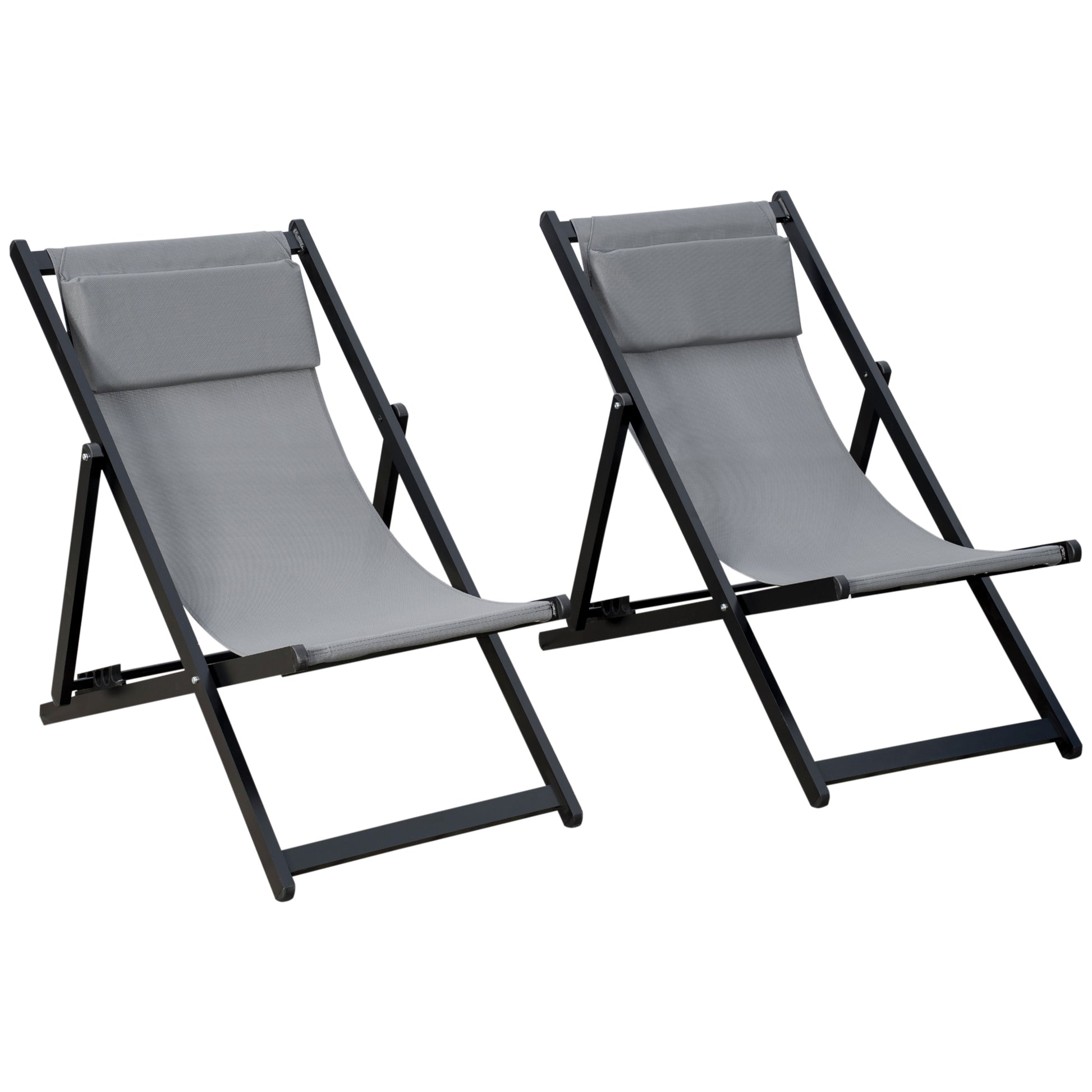 Photo of Outsunny Set of 2 Folding Garden Beach Aluminium Frame Deck Chairs Deckchairs Seaside Folding Garden Patio Lounger, Grey in Grey colour on a white background