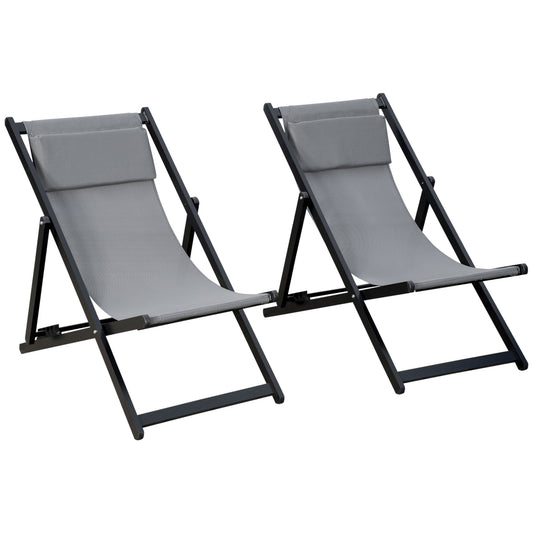 Photo of Outsunny Set of 2 Folding Garden Beach Aluminium Frame Deck Chairs Deckchairs Seaside Folding Garden Patio Lounger, Grey in Grey colour on a white background