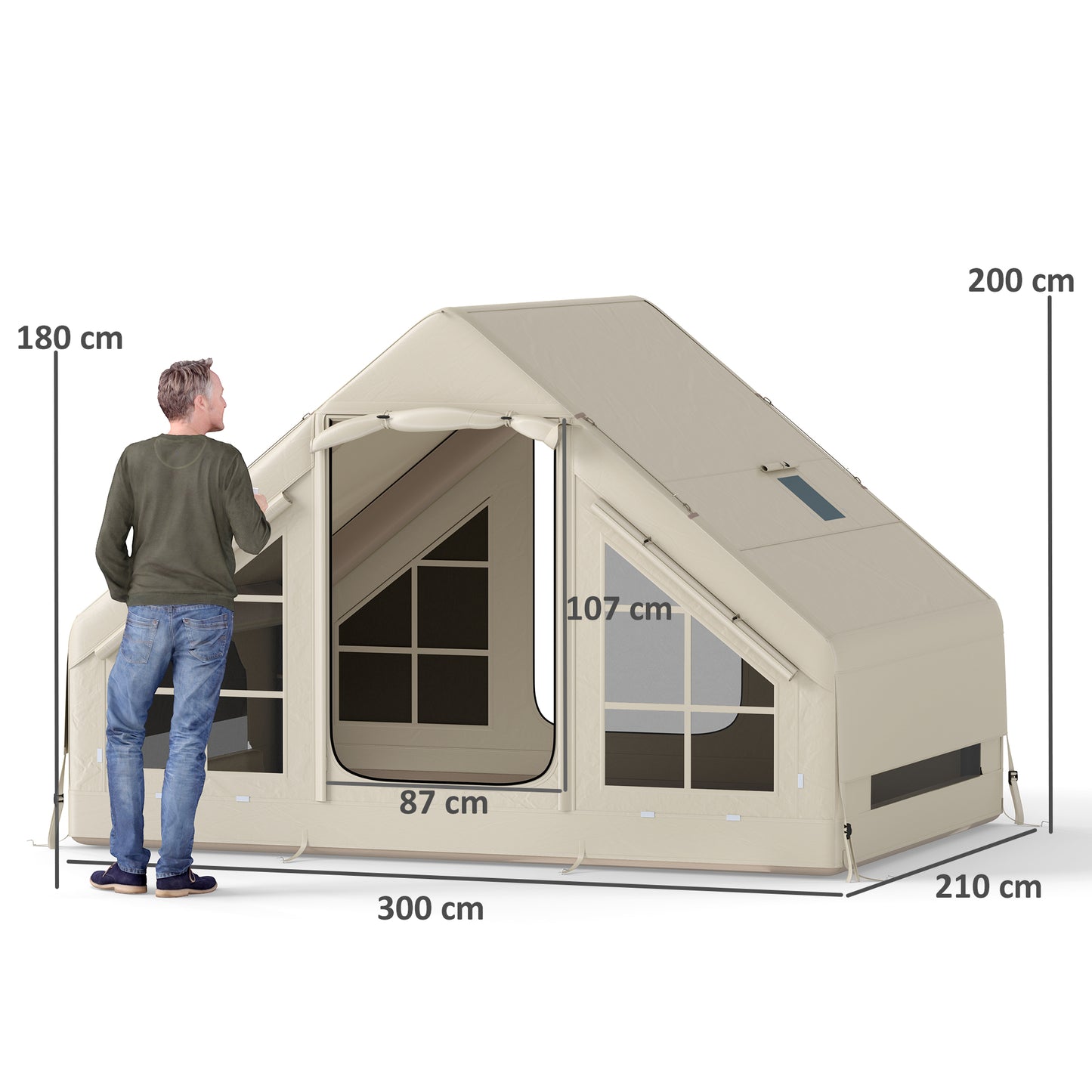 Outsunny Inflatable Camping Tent with Pump, Stove Jack Hole, Easy Setup 2-4 Person Family Blow Up Tent, Waterproof Glamping Luxury Inflatable Tent, Mesh Windows, Doors, Hook, Carry Bag, Beige