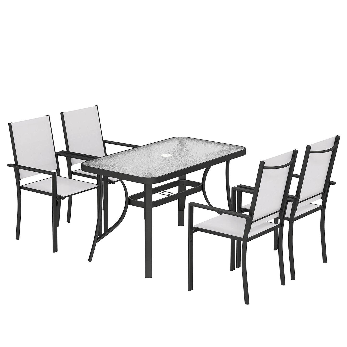 Photo of Outsunny Garden Dining Set for 4 with Umbrella Hole, Stackable Chairs and Rectangular Glass-Top Outdoor Table, Light Grey in Grey colour on a white background