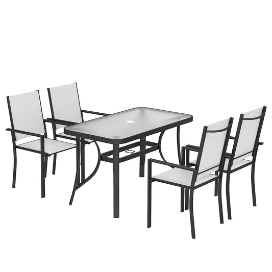 Photo of Outsunny Garden Dining Set for 4 with Umbrella Hole, Stackable Chairs and Rectangular Glass-Top Outdoor Table, Light Grey in Grey colour on a white background
