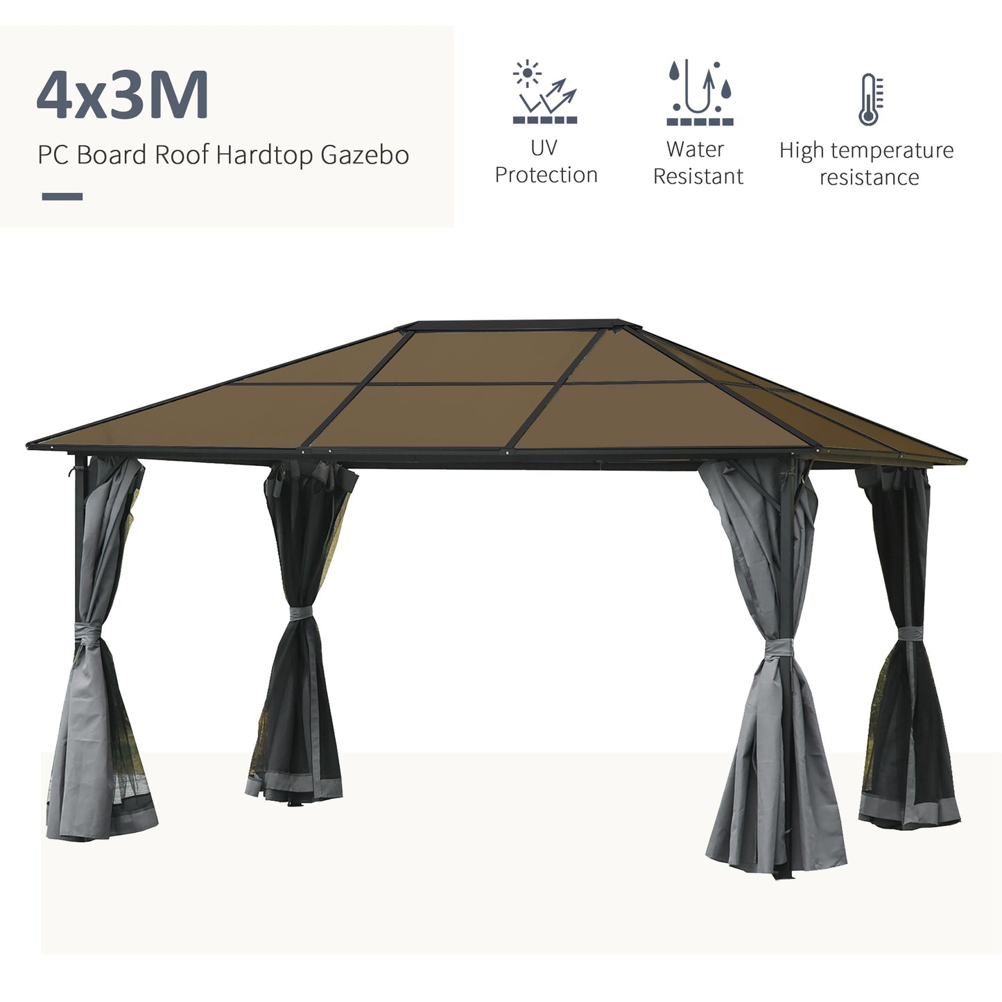 Outsunny 3 x 4m Hardtop Gazebo Canopy with Polycarbonate Roof, Aluminium Frame, Permanent Pavilion Garden Gazebo with Netting and Curtains - Grey
