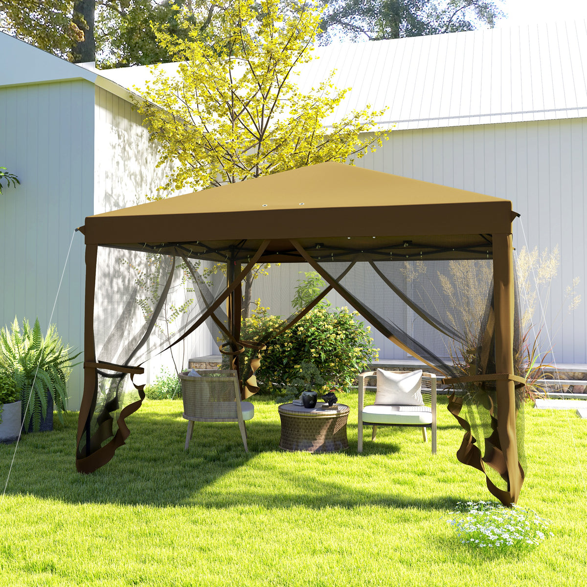 Outsunny khaki gazebo with mesh sidewalls tied open