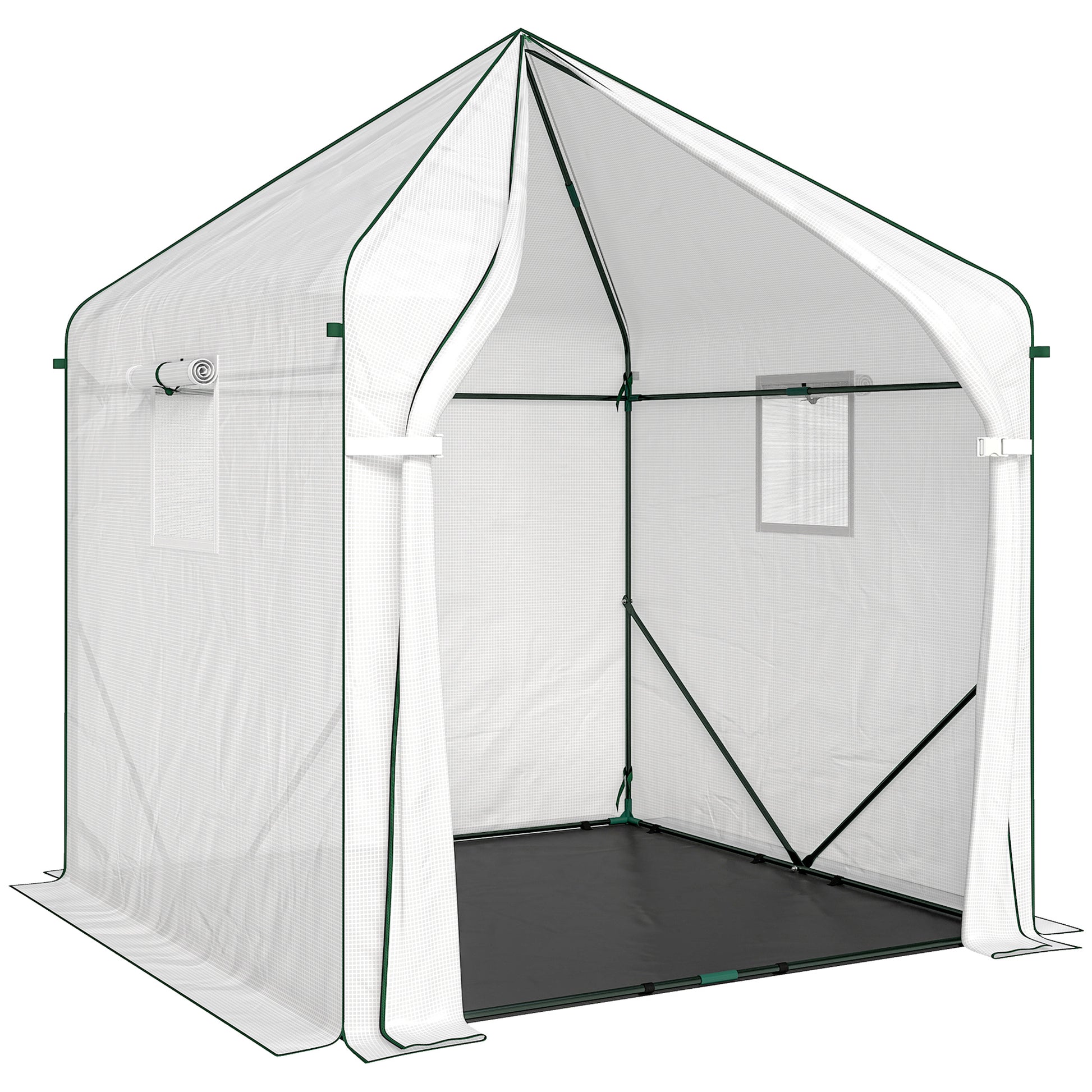 Photo of Outsunny Walk-in Greenhouse for Outdoors with Steel Frame, Large Plant House with Roll-up Door and PE Ground Cover, White in White colour on a white background