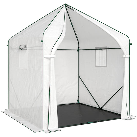 Photo of Outsunny Walk-in Greenhouse for Outdoors with Steel Frame, Large Plant House with Roll-up Door and PE Ground Cover, White in White colour on a white background