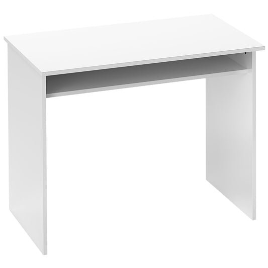 Photo of HOMCOM 90 x 50cm Computer Table, Modern Home Office Desk, Small Writing Desk with Storage Shelf, High Gloss White in White colour on a white background