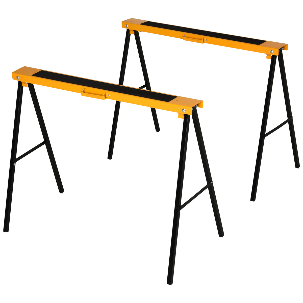 Pair of HOMCOM metal sawhorses with orange tops and black legs
