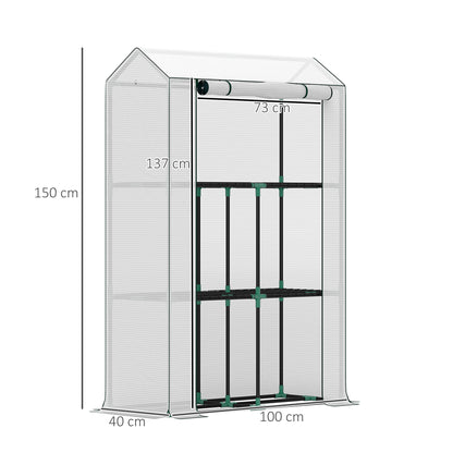Outsunny white greenhouse with steel frame, three shelves, and 40 x 100 x 150 cm dimensions