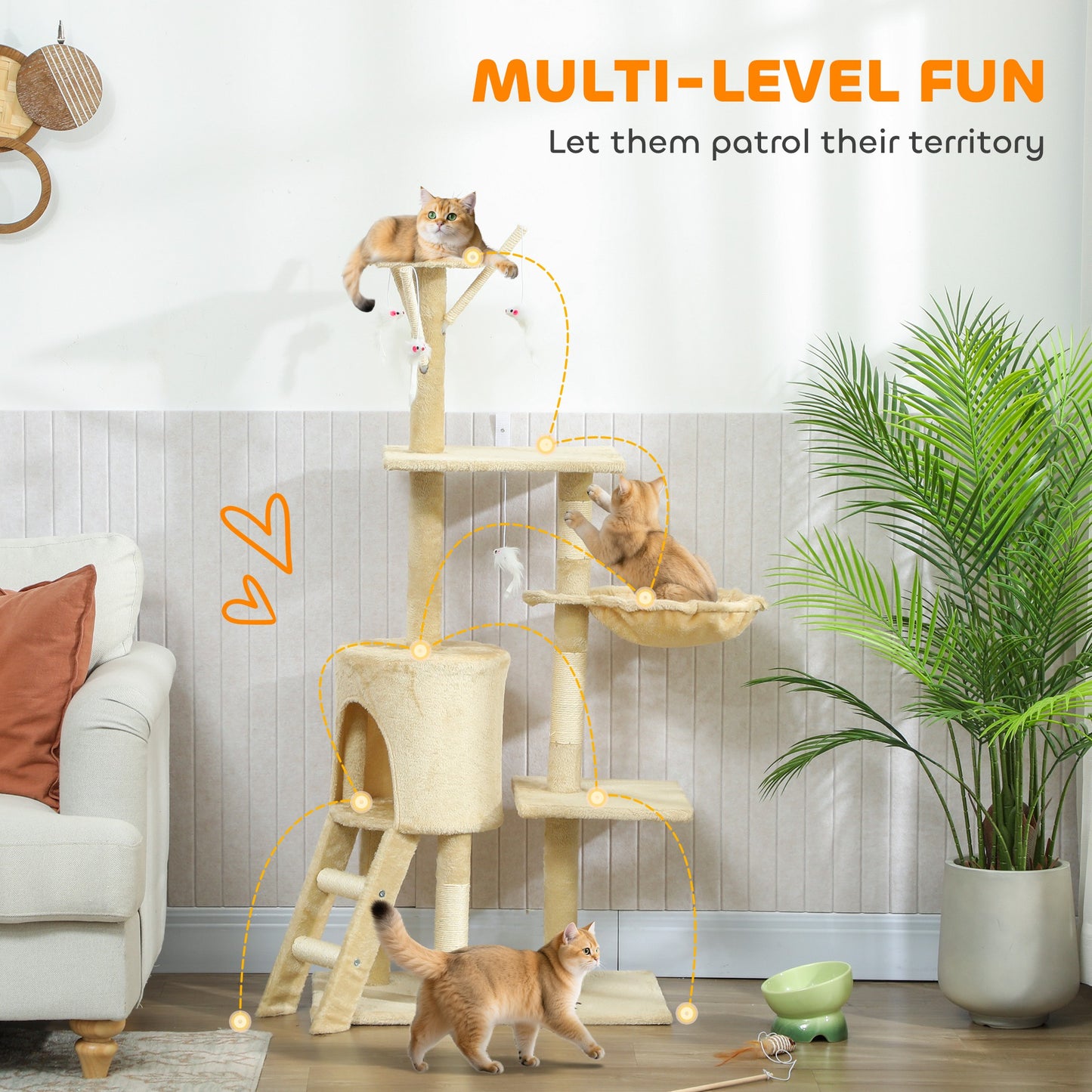 PawHut Multi-Level Cat Tree with Scratching Post, Ladder, Cat House, Beige