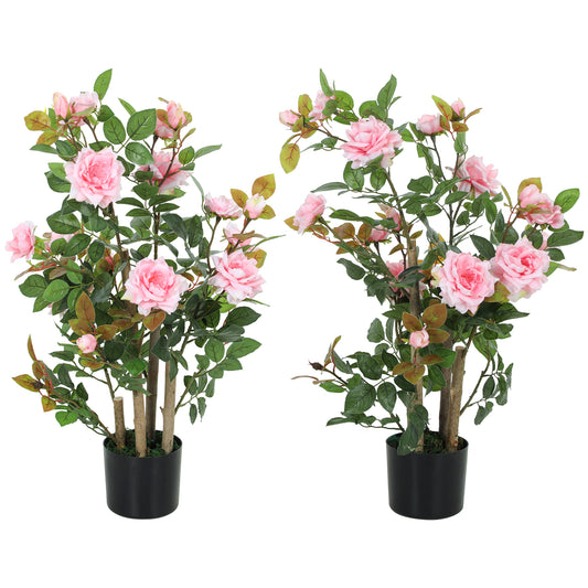 Photo of HOMCOM 90cm Artificial Rose Tree Set of 2, Decorative Fake Plant with 344 Silk Leaves 17 Flowers for Outdoor Indoor Decor, Pink in Pink colour on a white background