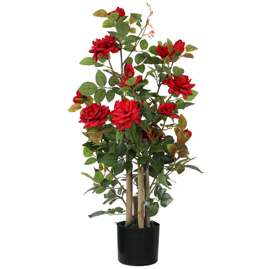 Photo of HOMCOM 90cm Artificial Rose Tree, Decorative Fake Plant with 344 Silk Leaves 17 Flowers for Outdoor Indoor Decor, Red in Red colour on a white background
