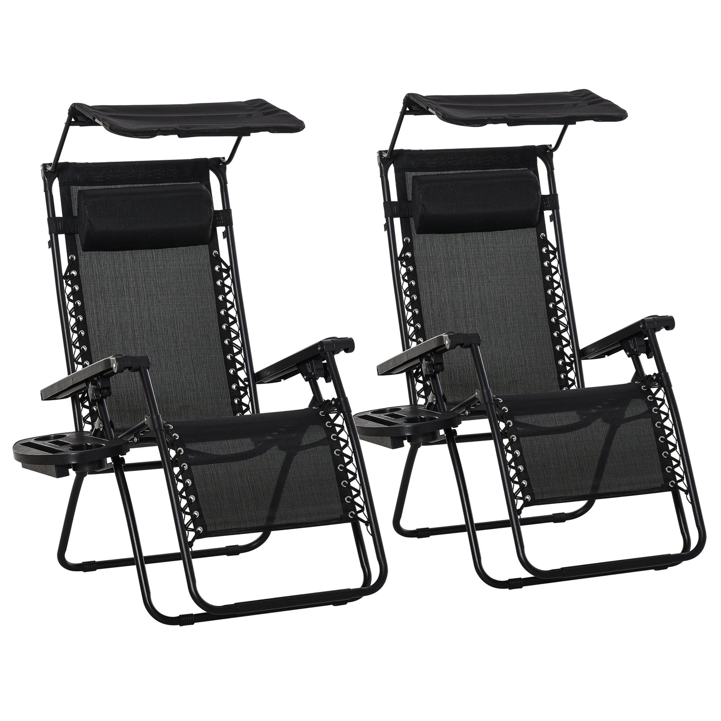 Photo of Outsunny 2 Piece Foldable Reclining Garden Chair with Headrest, Zero Gravity Deck Sun Lounger Seat Chair with Footrest, Armrest, Cup Holder & Canopy Shade, Black in Black colour on a white background