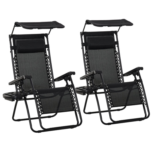 Photo of Outsunny 2 Piece Foldable Reclining Garden Chair with Headrest, Zero Gravity Deck Sun Lounger Seat Chair with Footrest, Armrest, Cup Holder & Canopy Shade, Black in Black colour on a white background