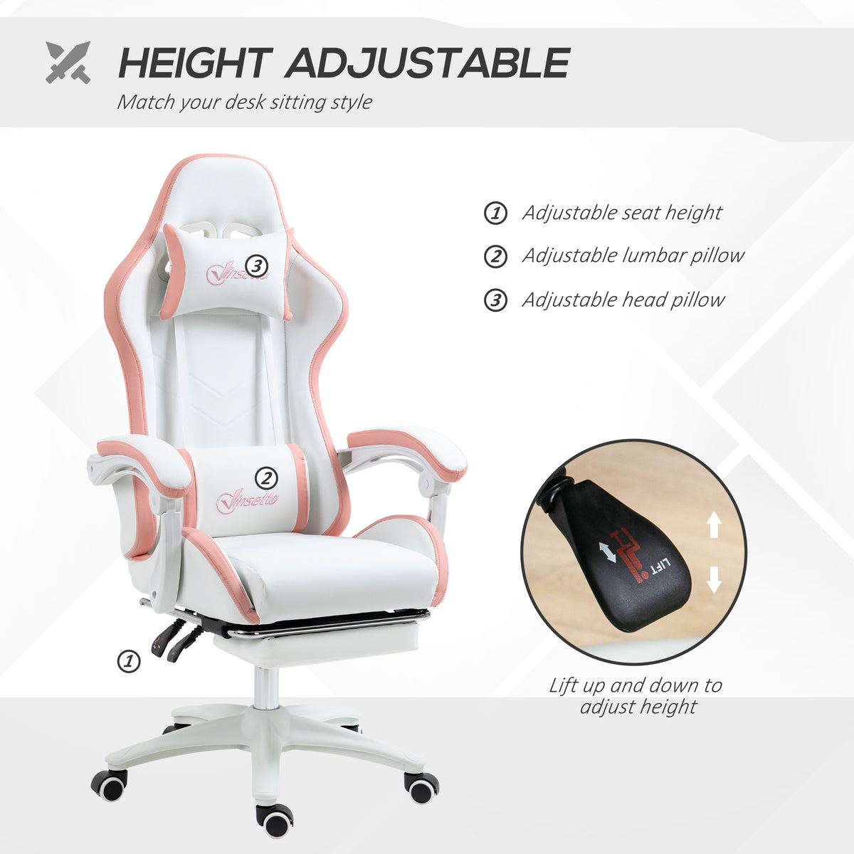 Vinsetto Gaming Chair, Computer Gamer Chair with Reclining High Back, Headrest, Lumbar Support, Footrest, Swivel Wheels, PU Leather, Adjustable Height for Home, White and Pink