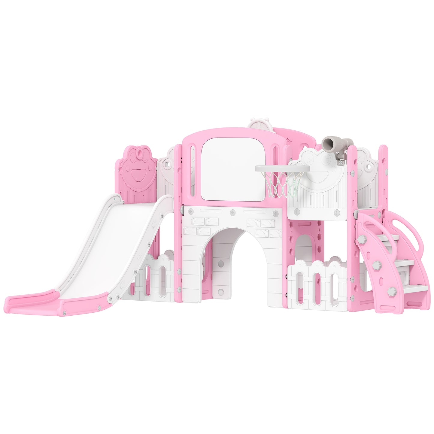 Photo of AIYAPLAY 7 in 1 Toddler Slide Set with Basketball Hoop, Climbing Frame, Telescope, Drawing Board, Storage Box, Pink in Pink colour on a white background