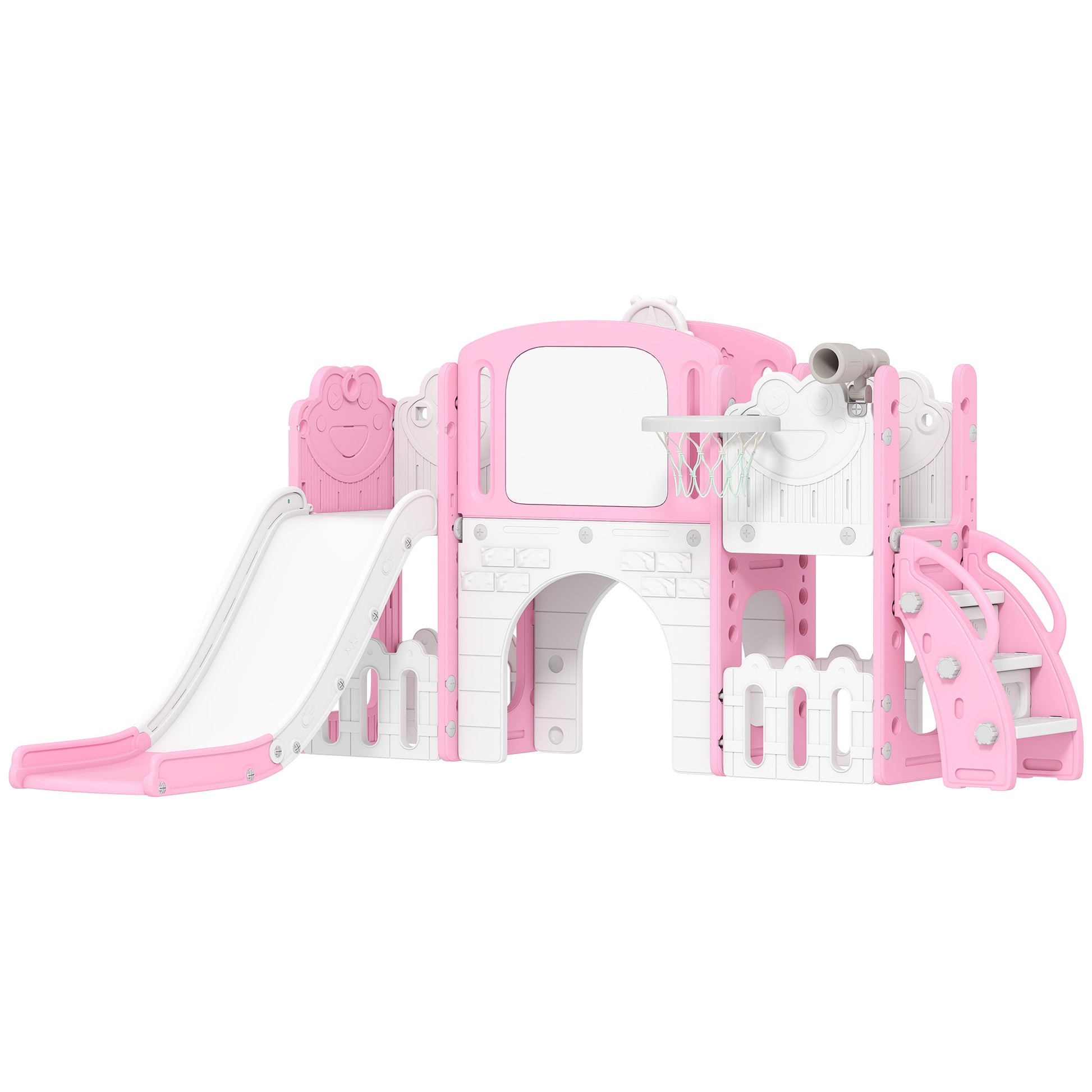 Photo of AIYAPLAY 7 in 1 Toddler Slide Set with Basketball Hoop, Climbing Frame, Telescope, Drawing Board, Storage Box, Pink in Pink colour on a white background