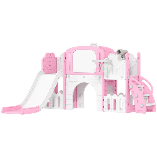 Photo of AIYAPLAY 7 in 1 Toddler Slide Set with Basketball Hoop, Climbing Frame, Telescope, Drawing Board, Storage Box, Pink in Pink colour on a white background