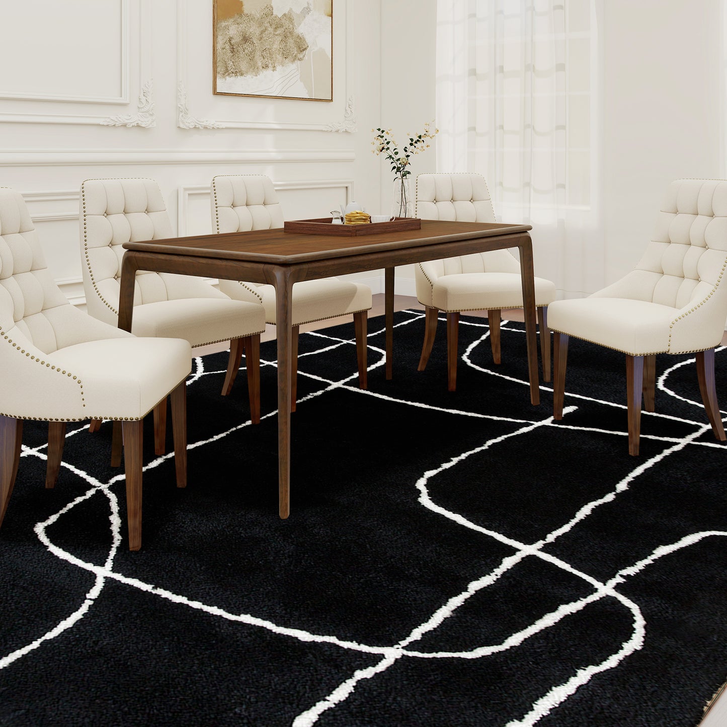 HOMCOM Modern Fluffy Area Rug, Geometric Pattern Washable Rug, Soft High Pile Floor Carpet for Living Room, Bedroom, Dining Room, Home Office, 170 x 120 cm, Black