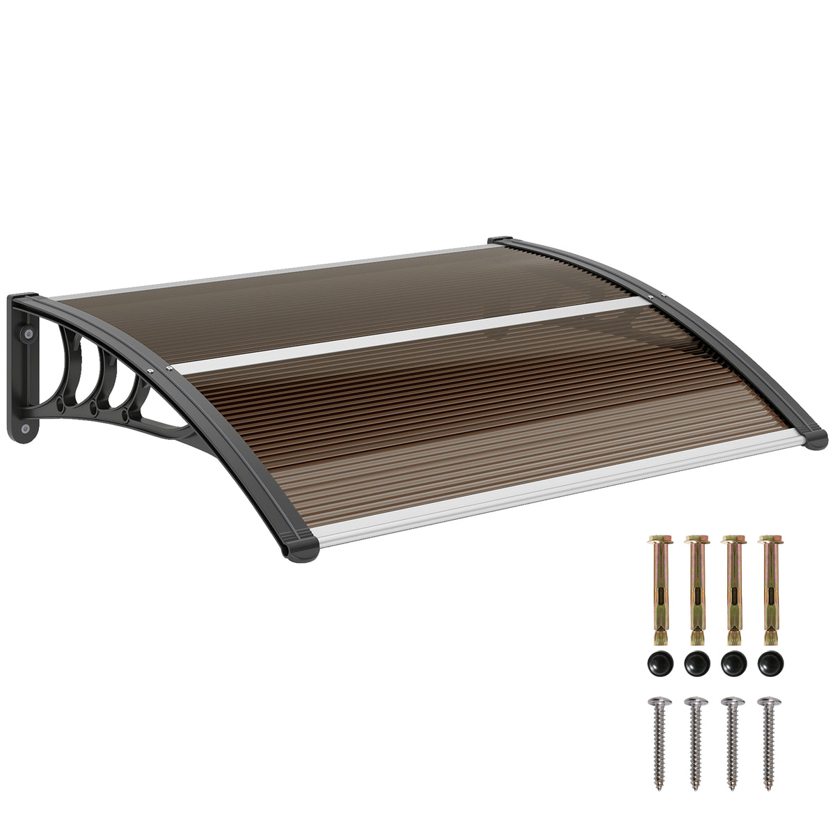 Brown polycarbonate door canopy with dark side brackets and wall-mounting hardware.