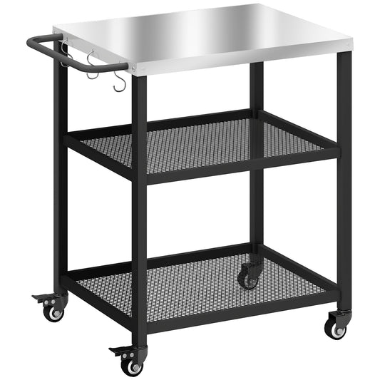 Photo of Outsunny Outdoor Grill Cart with Stainless Steel Tabletop, 3-Tier Pizza Oven Stand with Adjustable Shelf, Hooks, Wheels, Black in Black colour on a white background