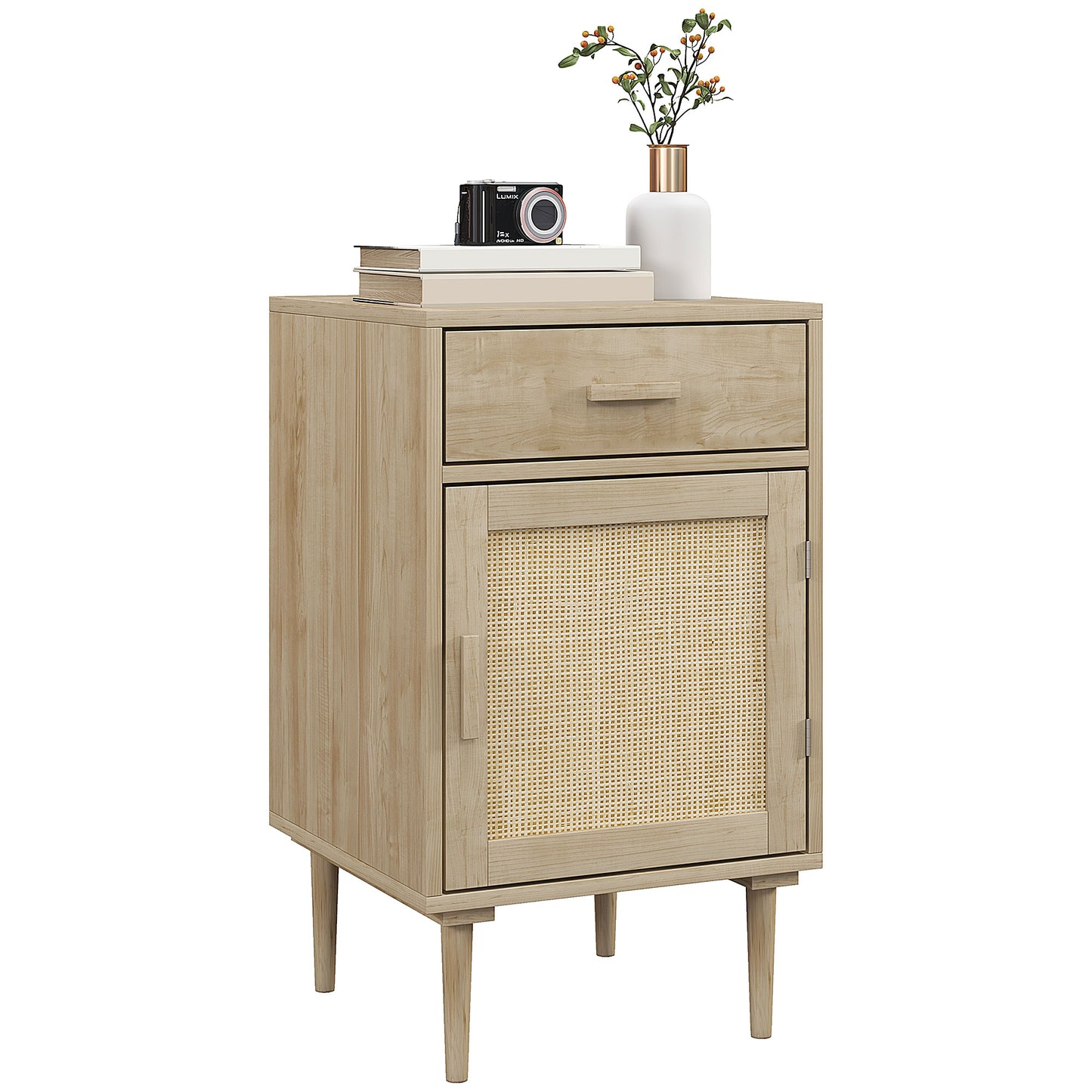 Photo of HOMCOM Bedside Table, Rattan Side Tables with Drawer, Cabinet and Adjustable Shelf, Boho Bedside Cabinet with Storage for Bedroom, Living Room, Natural Wood Effect in Effect colour on a white background