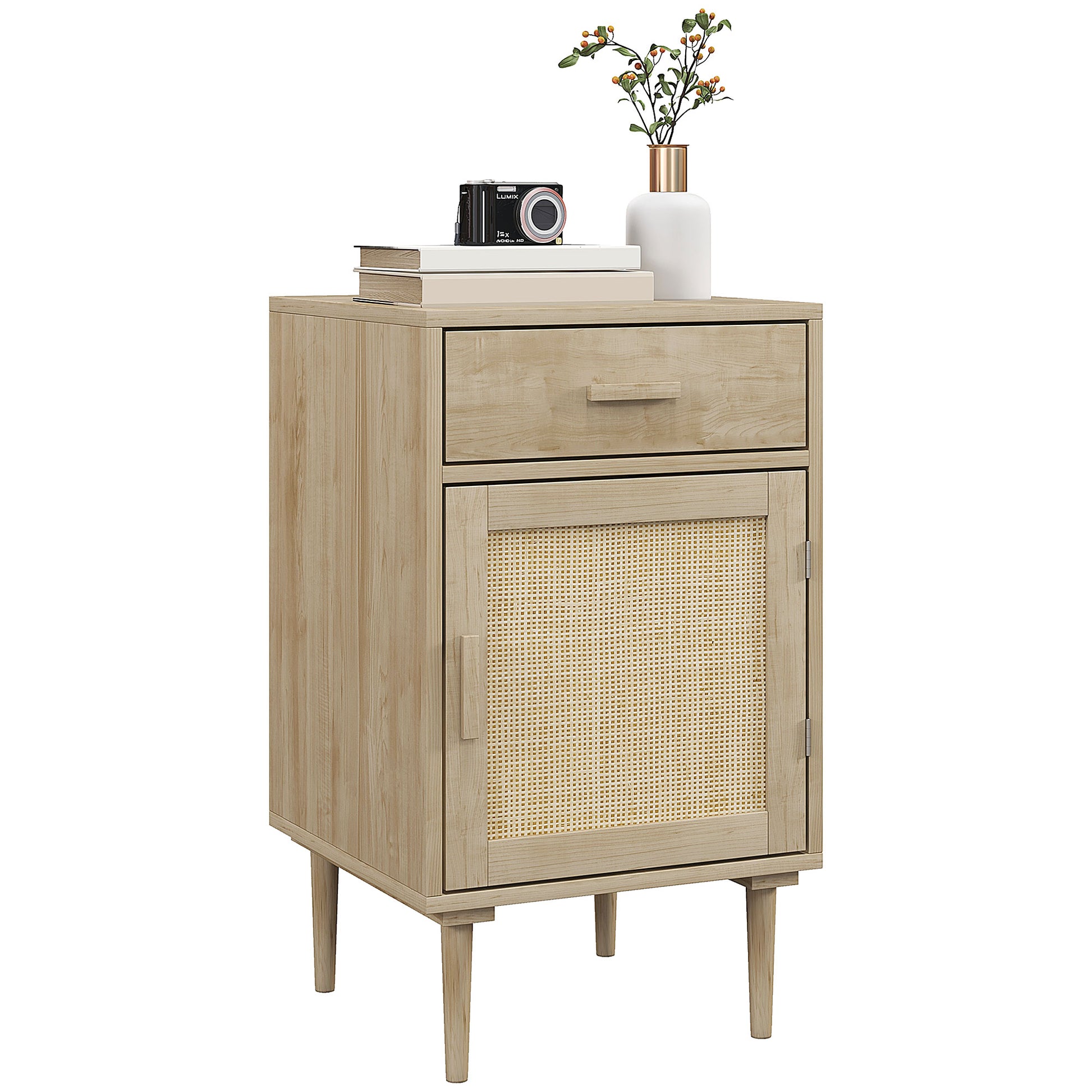 Photo of HOMCOM Bedside Table, Rattan Side Tables with Drawer, Cabinet and Adjustable Shelf, Boho Bedside Cabinet with Storage for Bedroom, Living Room, Natural Wood Effect in Effect colour on a white background