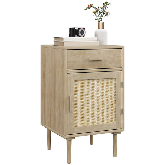 Photo of HOMCOM Bedside Table, Rattan Side Tables with Drawer, Cabinet and Adjustable Shelf, Boho Bedside Cabinet with Storage for Bedroom, Living Room, Natural Wood Effect in Effect colour on a white background
