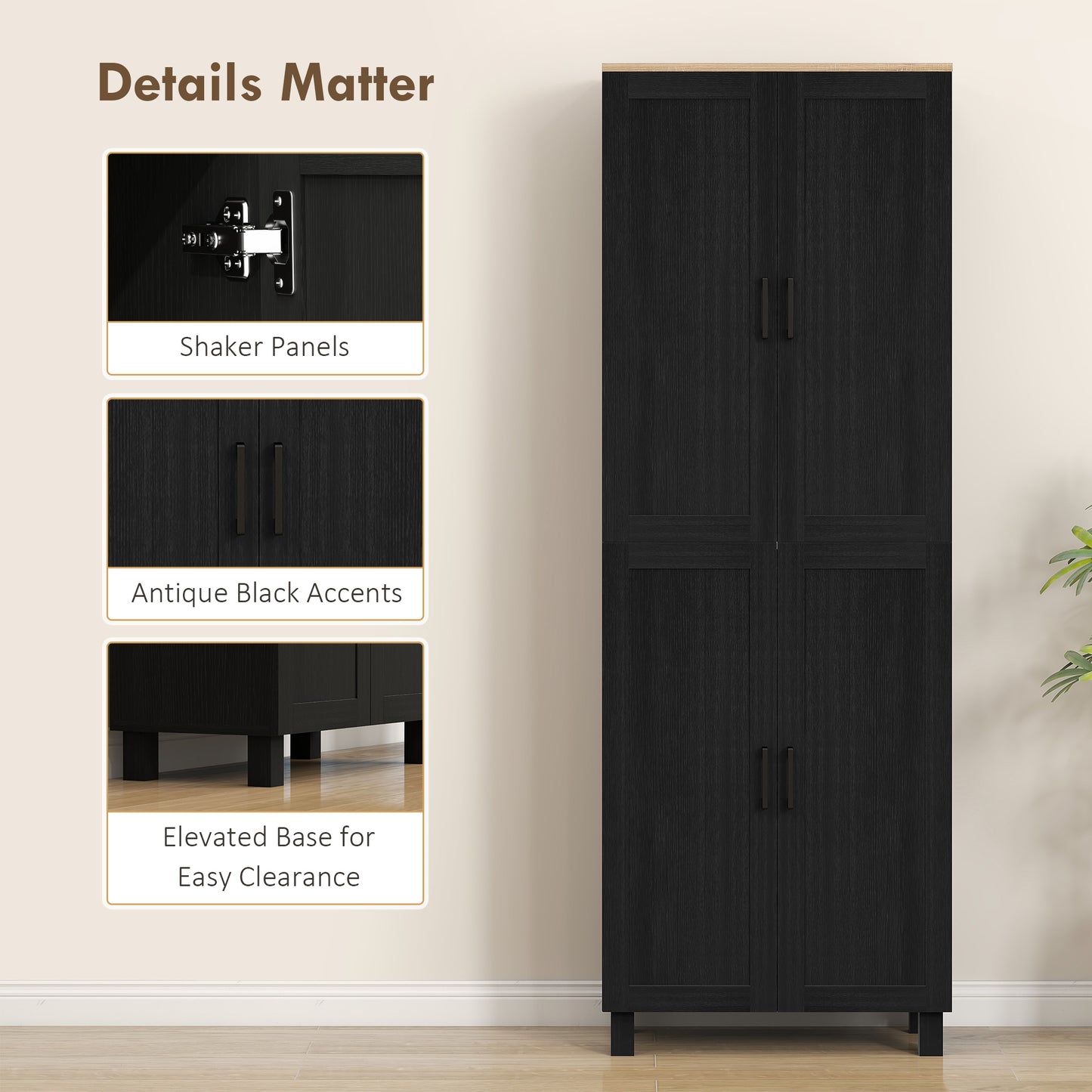 HOMCOM Freestanding Kitchen Cupboard, 4-Door Storage Cabinet with Adjustable Shelves, Modern Kitchen Pantry, 170cm, Black
