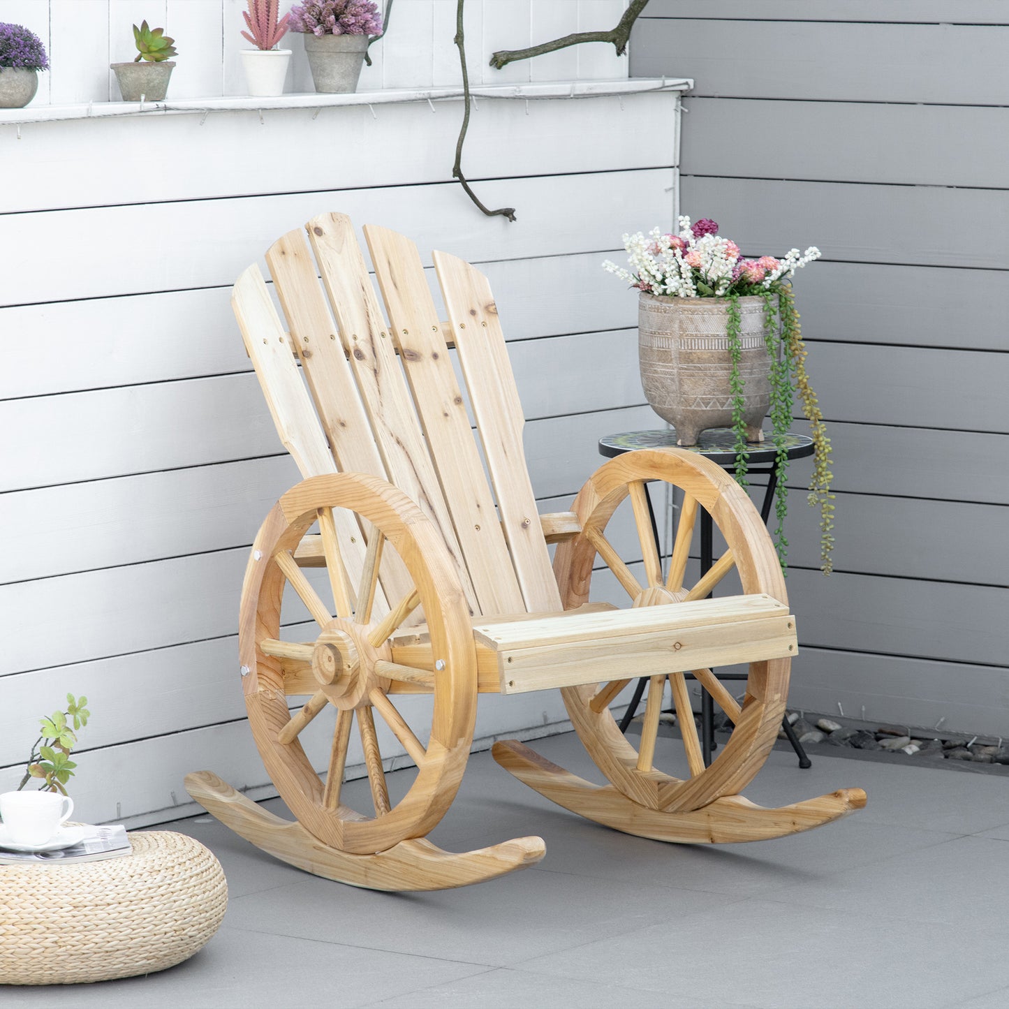 Outsunny Wooden Adirondack Rocking Chair Reclining Armchair Garden Furniture Patio Porch Rocker - Natural