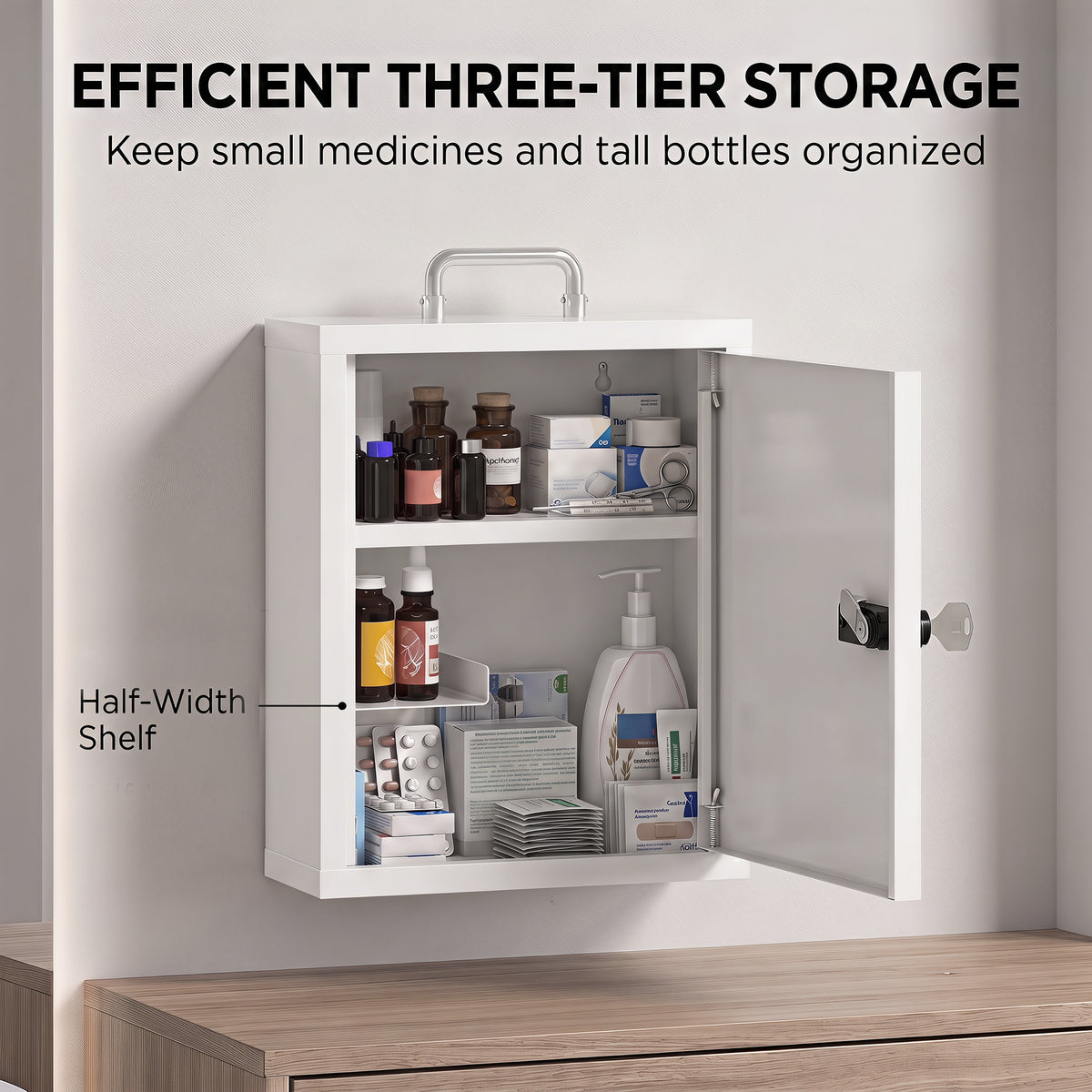 HOMCOM Wall Mount Medicine Cabinet with Combination and Key Lock, 3 Tier Steel First Aid Cabinet, White