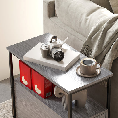 Top view of grey wood-grain side table showing its open shelf and tabletop