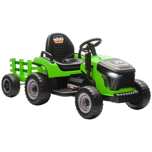 Photo of AIYAPLAY 12V Ride on Tractor and Trailer with Remote Control, Music, Shifter, Start-Up Sound, for Kids Ages 3-8 Years, Green in Green colour on a white background