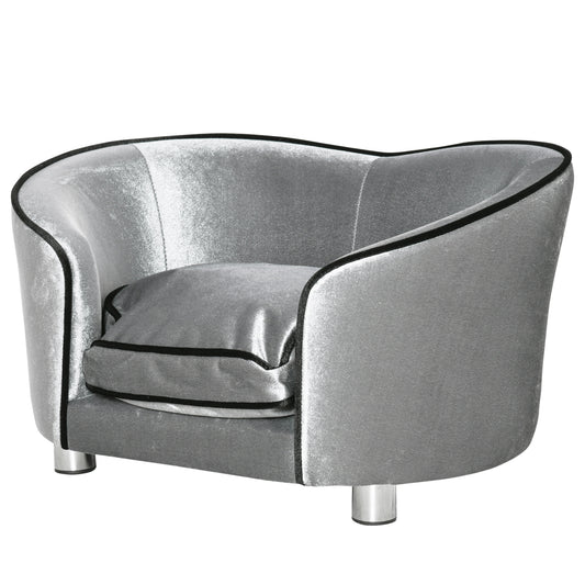 Photo of PawHut Dog Sofa Pet Chair, Kitten Bed Couch w/ Wooden Frame, Removable Cushion - Silver-Tone and Grey in Grey colour on a white background