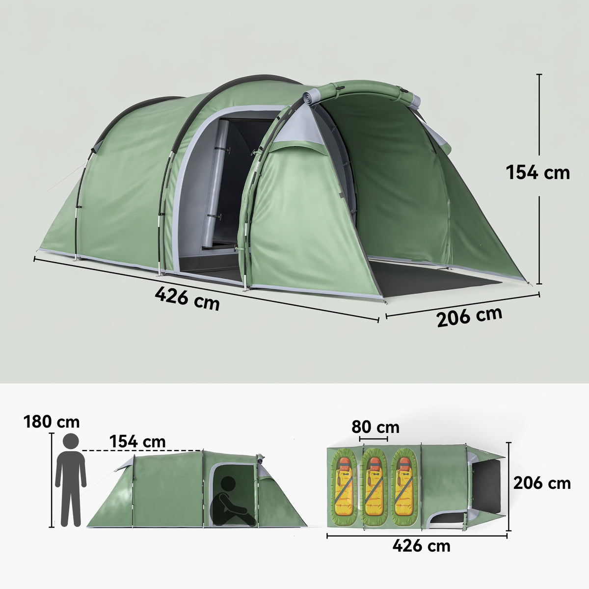 Outsunny 2 Man Tunnel Tent with Sewn-in Groundsheet, Air Vents, Rainfly, 2000mm Large Camping Tent with Bedroom, Porch, Living Area for Camping, Hiking, 426L x 206W x 154H cm, Dark Green