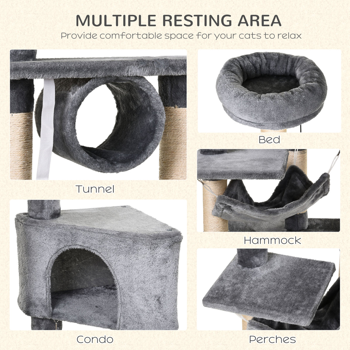 Cat tree resting areas including a tunnel, round bed, condo, hammock and platforms