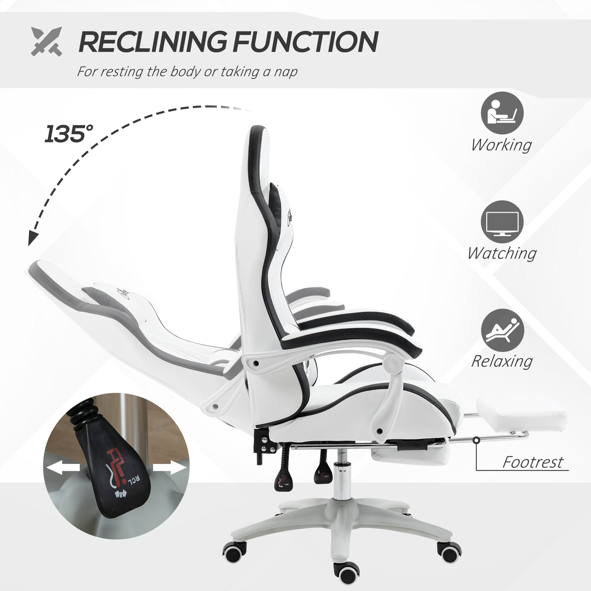 Vinsetto Gaming Chair, Computer Gamer Chair with Reclining High Back, Headrest, Lumbar Support, Footrest, Swivel Wheels, PU Leather, Adjustable Height for Home, White and Black