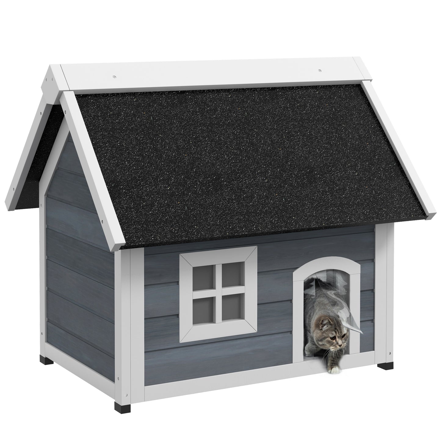 Photo of PawHut Outdoor Cat House, Wooden Feral Cat Shelter, with Openable Asphalt Roof, Three Doors - Grey in Grey colour on a white background