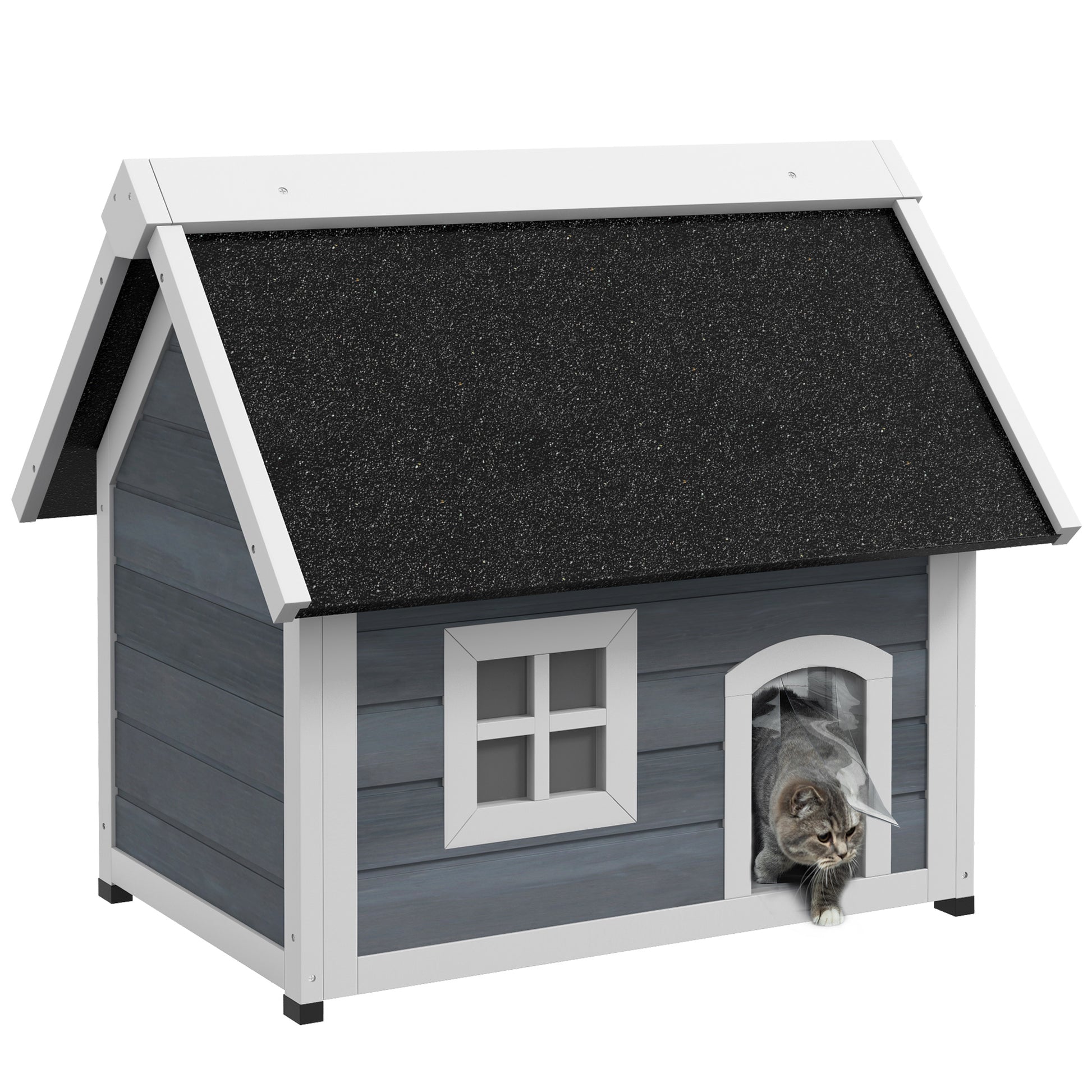 Photo of PawHut Outdoor Cat House, Wooden Feral Cat Shelter, with Openable Asphalt Roof, Three Doors - Grey in Grey colour on a white background