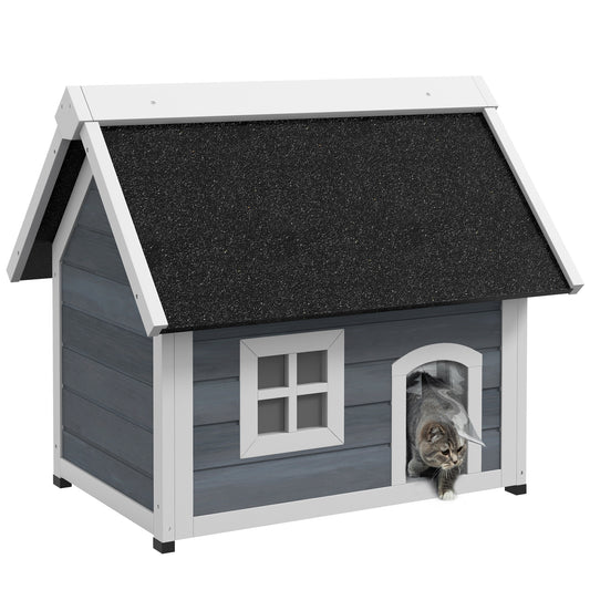 Photo of PawHut Outdoor Cat House, Wooden Feral Cat Shelter, with Openable Asphalt Roof, Three Doors - Grey in Grey colour on a white background
