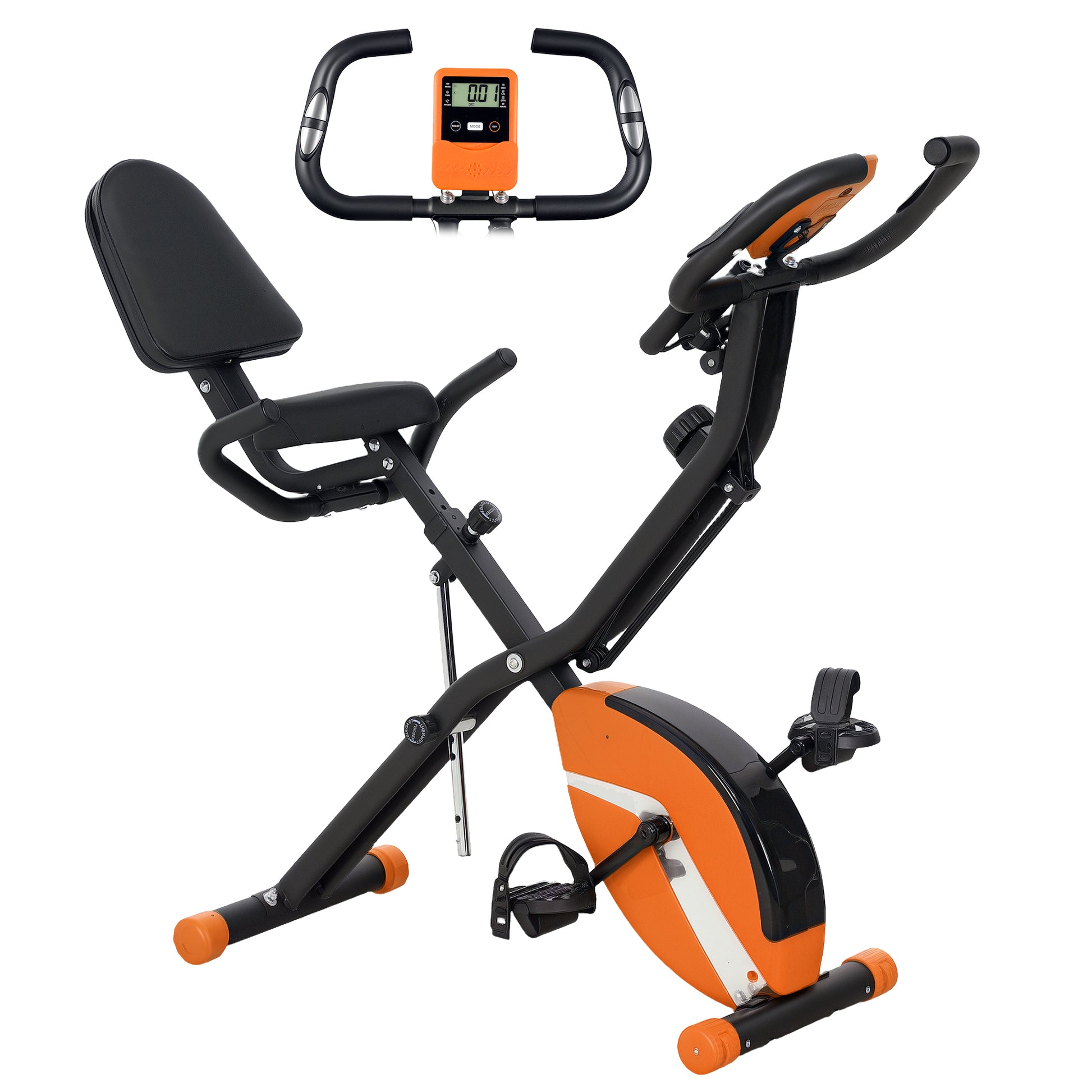 Photo of SPORTNOW Five-in-one Foldable Exercise Bike, Stationary Bike with Arm Workout Bands, LDC Monitor, Phone Holder, Orange in Orange colour on a white background