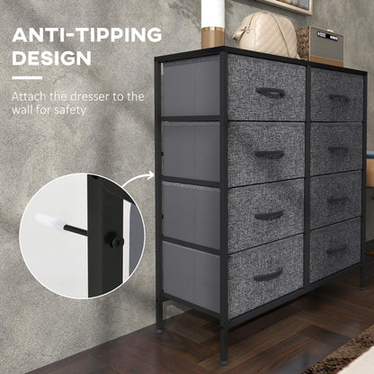 Eight-drawer fabric chest with steel frame and wall-mounted anti-tip safety strap