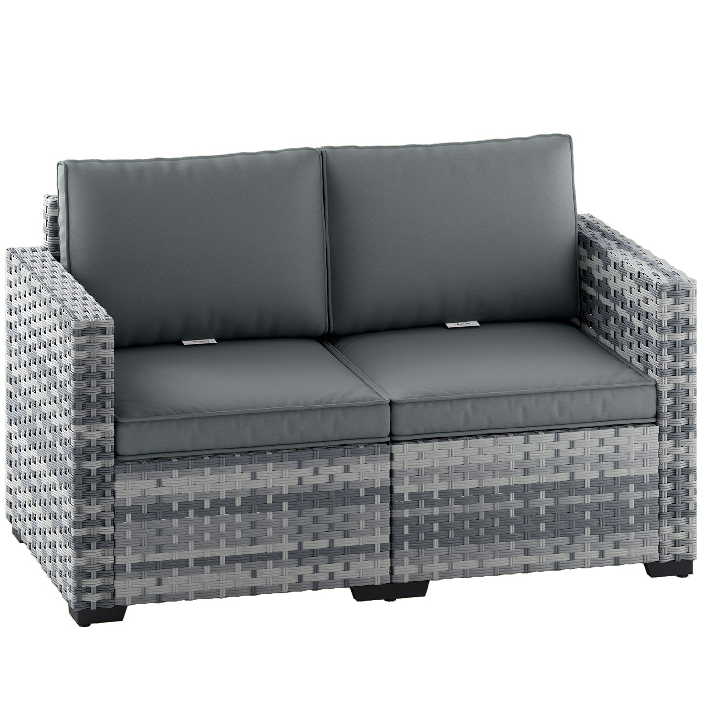Photo of Outsunny 2 Seater Rattan Sofa, Outdoor Garden Sofa with Deep Seat, Cushions, Wide Armrests for Patio, Balcony, Porch, Mixed Grey in Grey colour on a white background