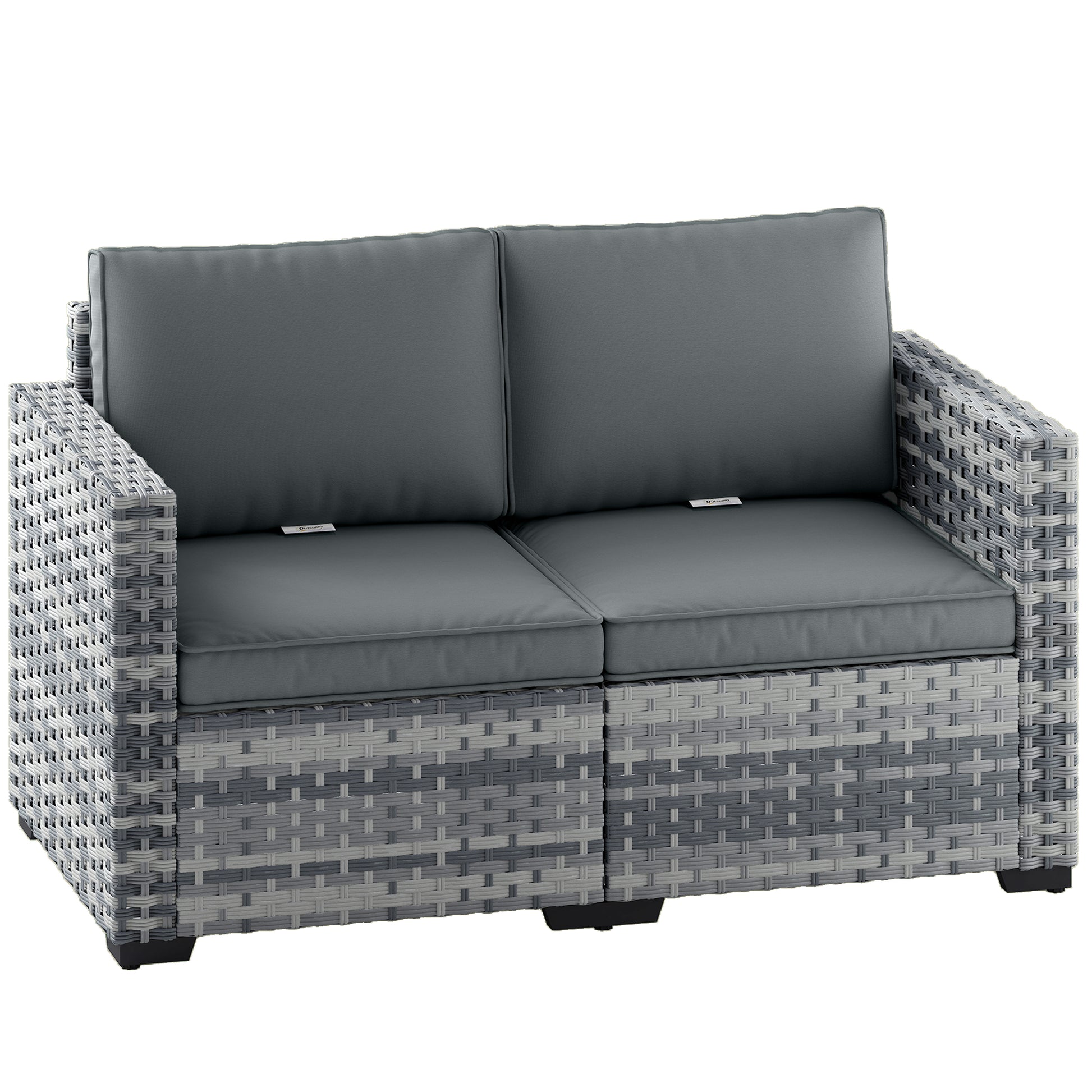 Photo of Outsunny 2 Seater Rattan Sofa, Outdoor Garden Sofa with Deep Seat, Cushions, Wide Armrests for Patio, Balcony, Porch, Mixed Grey in Grey colour on a white background