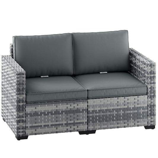 Photo of Outsunny 2 Seater Rattan Sofa, Outdoor Garden Sofa with Deep Seat, Cushions, Wide Armrests for Patio, Balcony, Porch, Mixed Grey in Grey colour on a white background