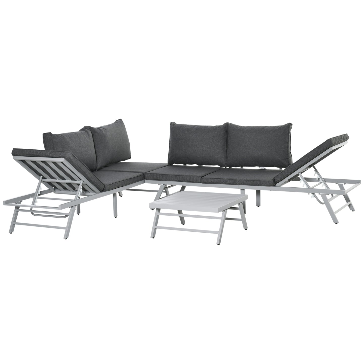 Photo of Outsunny 3 Pieces Garden Furniture Sets, 6 Seater Corner Sofa Set with Adjustable Backrest Chase Lounge with Slatted Metal Top Table, Padded Cushion, Grey in Grey colour on a white background