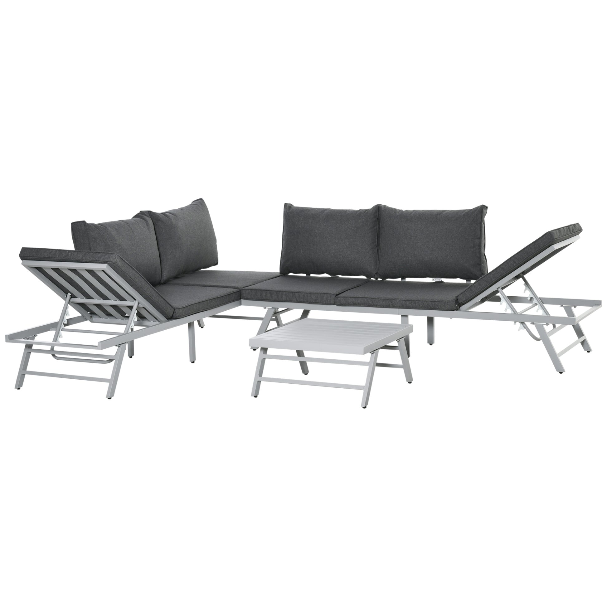 Photo of Outsunny 3 Pieces Garden Furniture Sets, 6 Seater Corner Sofa Set with Adjustable Backrest Chase Lounge with Slatted Metal Top Table, Padded Cushion, Grey in Grey colour on a white background