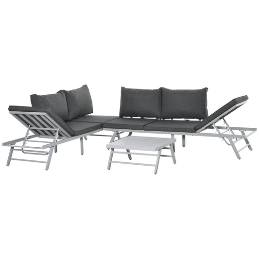 Photo of Outsunny 3 Pieces Garden Furniture Sets, 6 Seater Corner Sofa Set with Adjustable Backrest Chase Lounge with Slatted Metal Top Table, Padded Cushion, Grey in Grey colour on a white background